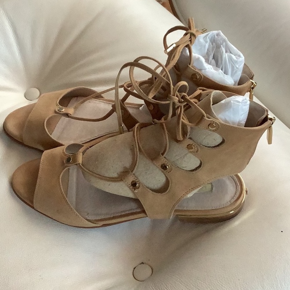 Louise Et Cie Gladiator 9.5 Lace Up Suede Leather Zip Ankle Flats Sandals Tan